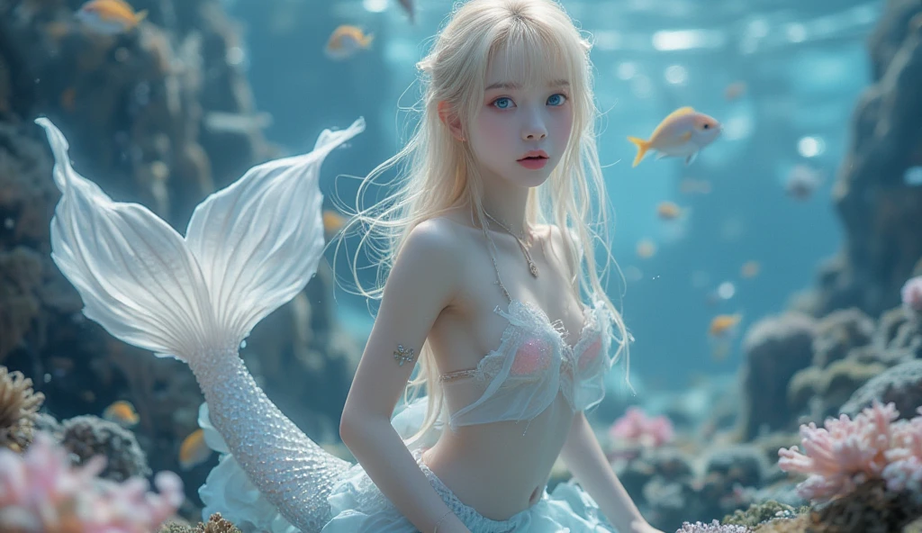 8K、Girl dressed as a mermaid Underwater - Sea、Mermaid Girl、16-year-old Russian beauty girl、a baby face、drooing eyes、Very light platuna blonde hair、Light blue eyes、nffsw