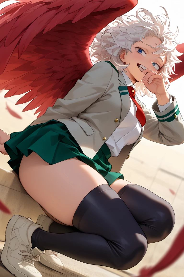 (((((whole body)))))、Utsuho、Green pleated skirt、smile,、Cowboy Shot、 standing on one leg ,leg_lift,panties,standing_split、