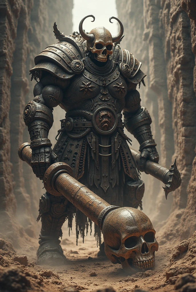 A movie concept featuring a skeletal warrior,Inspired by the dark and gritty aesthetics of movies like "300" and "Gladiator," with a touch of fantasy and horror elements reminiscent of Guillermo del Toro's work.A highly detailed digital illustration or painting portraying the skeletal warrior with meticulous attention to anatomical accuracy and battle-worn details. Detail the whole body, Savage Mask, Greatsword on back, [ MD, The image should evoke a sense of dread and awe in the viewer,capturing the warrior's imposing presence and formidable aura.