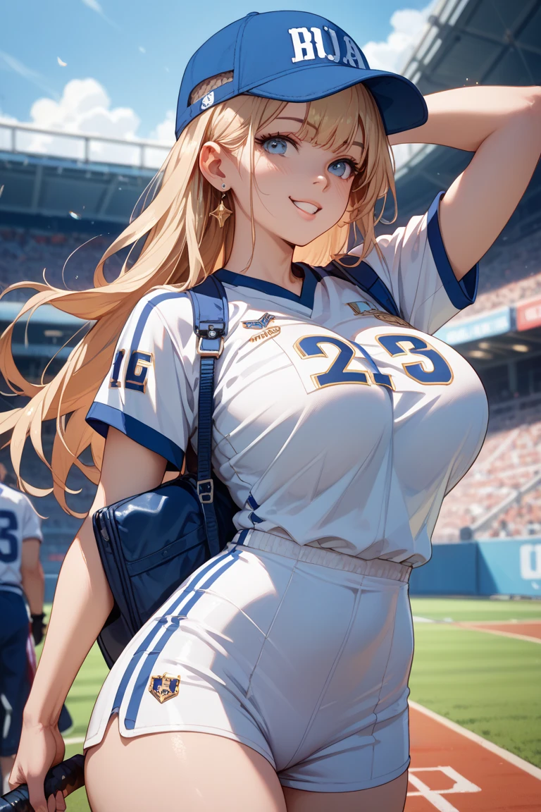 masterpiece, best quality, 8k, complete anatomy, Japanese female, blonde hair, (big breasts:1.4), high-school uniform, white short sleeve shirt, blue striped tie, navy plaid skirt, baseball cap, big smile, in the stadium, sweating profusely