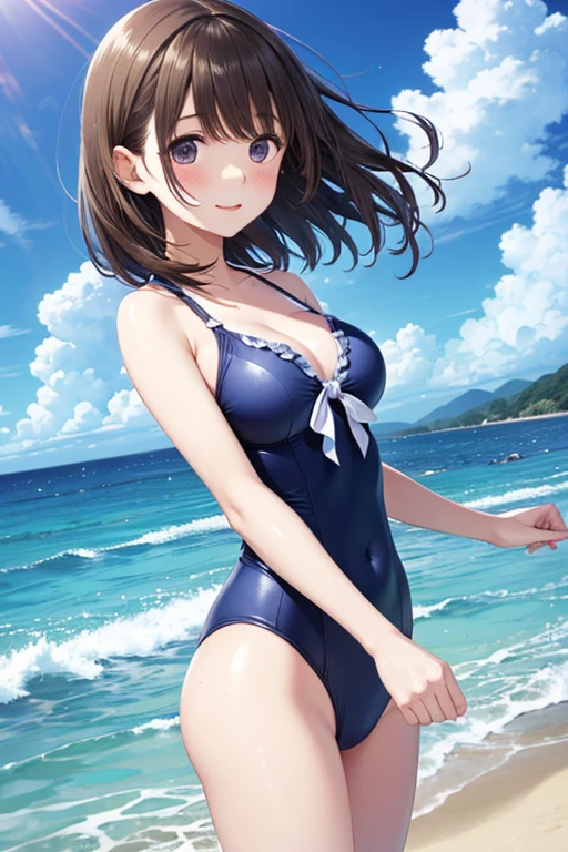 Follow Us, Yuki mandarin orange, (Brown eyes:1.5), Brown Hair, hair ornaments, hair scrunchie, Long Hair, (Flat Chest:1.2),happy smile, smile, Open your mouth,
Open your mouth,School Swimsuit,Straw hat,Holding a swim ring in both hands,True Summer,Palm tree,Are standing break looking at viewer, whole body, break outdoors, Sandy Beach,Beach, break (masterpiece:1.2), Highest quality, High resolution, unity 8k wallpaper, (shape:0.8), (Beautiful and beautiful eyes:1.6), Highly detailed face, Perfect lighting, Extremely detailed CG, (Perfect hands, Perfect Anatomy),