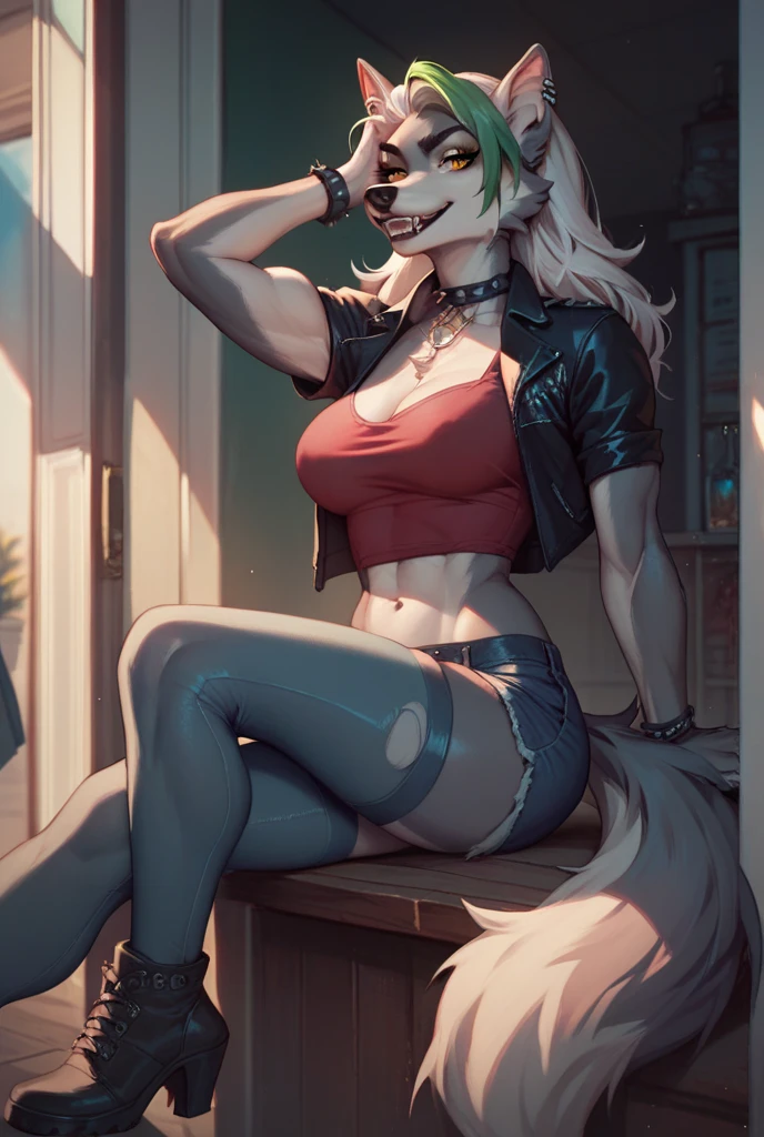 Loona, female, hellhound, busty, wearing a black bikini set, long hair, looking at viewers, hd 8k, tail, sweaty, sitting on a park bench, summer, holding and drinking a cup of slushie, front view