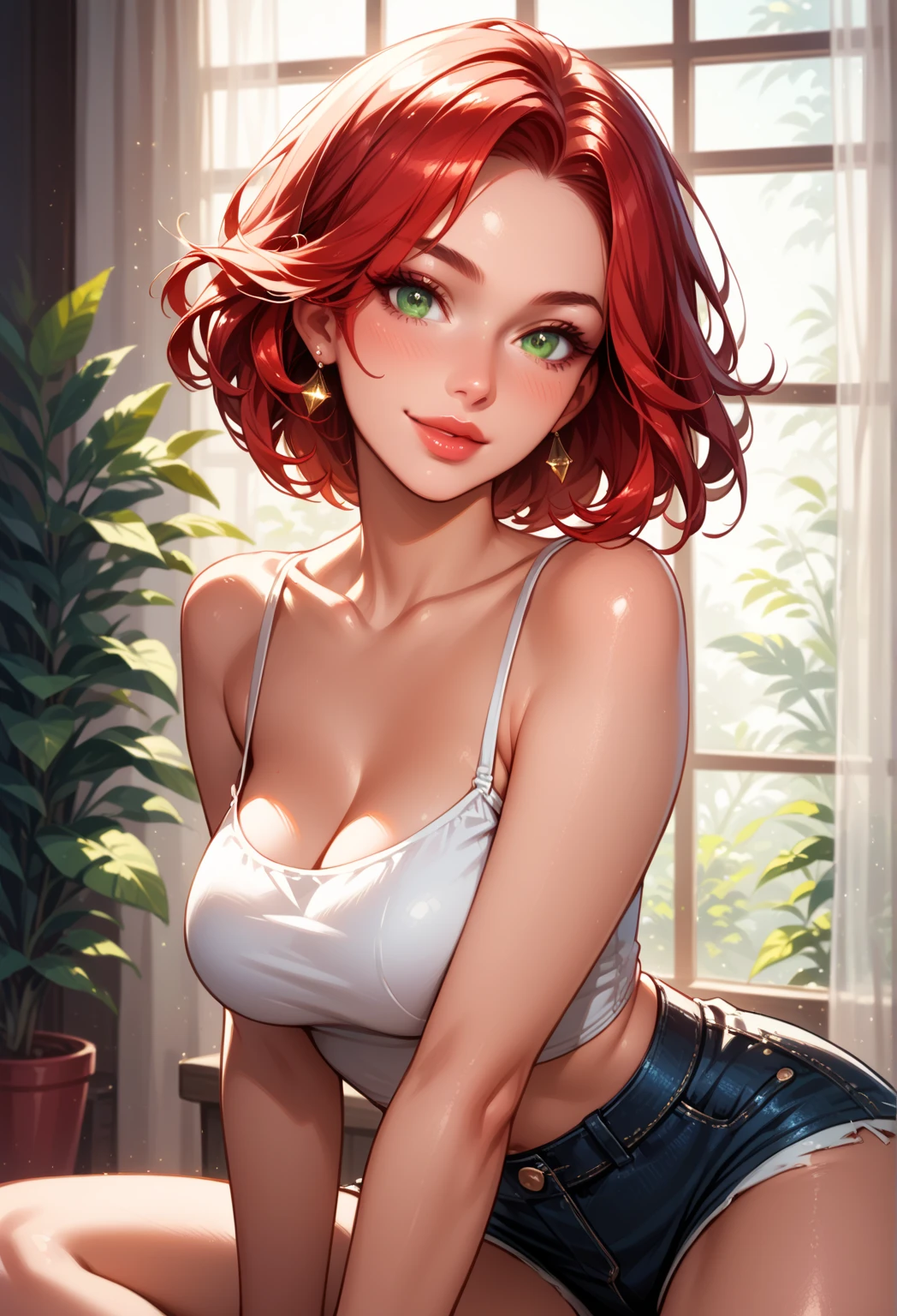 (high-level image quality), (high quality), (high resolution), (detailed), (masterpiece), beautiful woman, ((caucasian)), green eyes, red hair, short hair, dark red lipstick, strapless top, tight dark jeans, streets, from above, portrait
