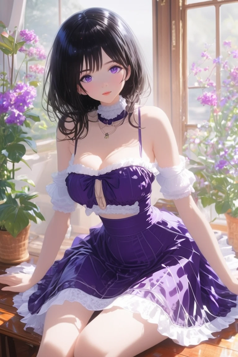 Nsfw , HDR , high quality , detailed background , cute girl , sitting , smile and blush , sexy purple dress, medium breast , show large thigh ,show tits NSFW , ponytail hairstyle , flower field , soft light