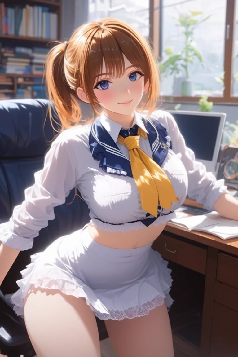 (((masterpiece, Highest quality, High resolution, 超High resolution, Perfect Pixel, Depth of written boundary, 4K, RTTX 10.0))), Beautiful Anime Women, Beautiful art style, Anime characters, ((Smooth texture, Realistic texture, Anime CG Style)), Exact finger count、Exact number of legs、(Exact number of arms:1.0, Exact number of hands:1.0), (Perfect hands, Perfect Anatomy), Cinematic, Realistic, Extremely detailed CG, Daytime lighting, Perfect lighting, Best Shadow, The best natural light, whole body, Perfect body, バランのとれたPerfect body, Perfectly balanced style, (Slender body:1.2), ((Long Hair, bangs, Reddish brown hair, Stylish hairstyle)), ((A cute woman stands with her hands in her panties:1.8)), (Put one hand in your panties:1.8), (fingering:1.8), (pussy juice:1.5), ((Bow tie around neck, High heels:1.3), (Sexy and cute light blue underwear:1.3), (Stylish shiny light blue satin panties, Side-tie panties, The panties are plain light blue in the center with lace decoration on the sides.:1.3), (Thin panties with ribbon:1.3), (Light blue micro lace satin bra, Light blue bra with lace trim, Thin bra with ribbon:1.3), (lace garter belt, Garter Strings, Knee socks:1.3):1.3), (Beautiful big , Cleavage:1.1), (Embarrassed expression:1.4), blush, (sexual pleasure expression:1.5), (The expression of someone who is holding in the toilet:1.4), (Look up, Mouth half open:1.4), (Half-close your eyes:1.3), (Modern office desk, Corporate Office, Many business people in the background, currently accepting, Guidance:1.4), naked, In underwear, Office lady in underwear, whole body, Angle from the front, chizuru
