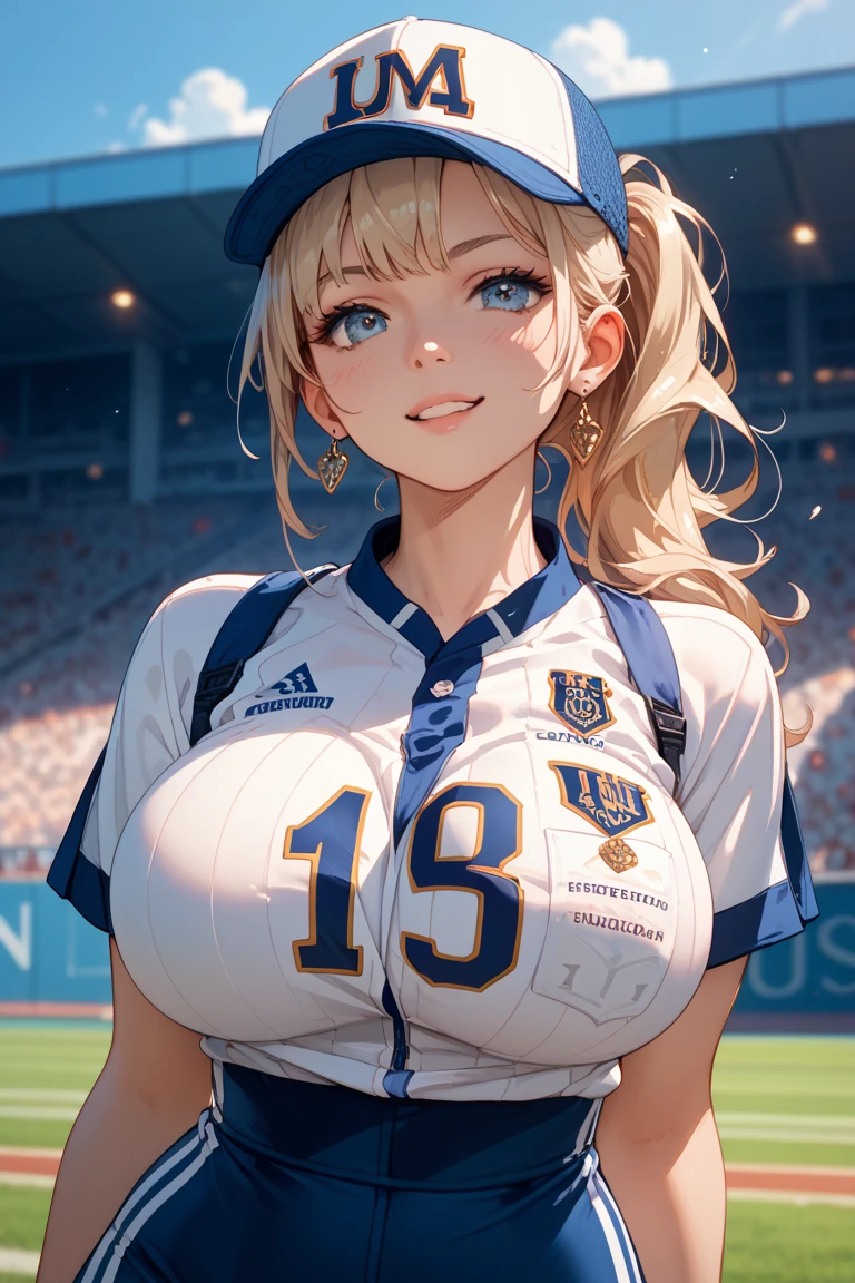 masterpiece, best quality, 8k, complete anatomy, Japanese female, blonde hair, (big breasts:1.4), high-school uniform, navy blue blazer, white shirt, crimson ribbon, light gray checkered skirt, black baseball cap, big smile, in the stadium