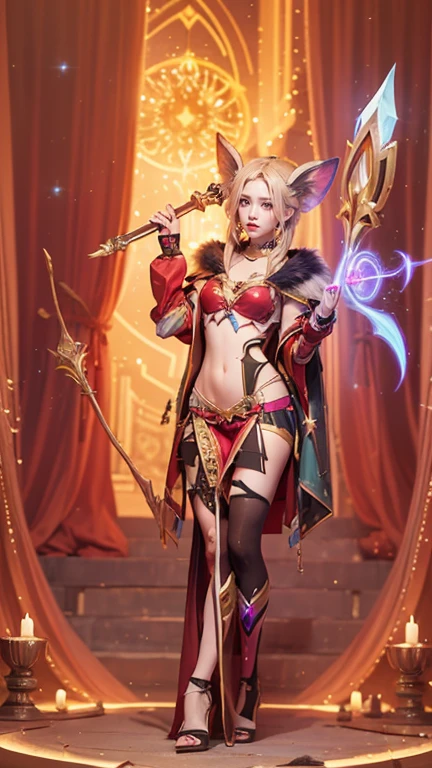 Warcraft Blood Elf Female Priest Full body photo, slender figure, radiant, holding a wand in one hand, showing her navel and wearing a golden crown on her head