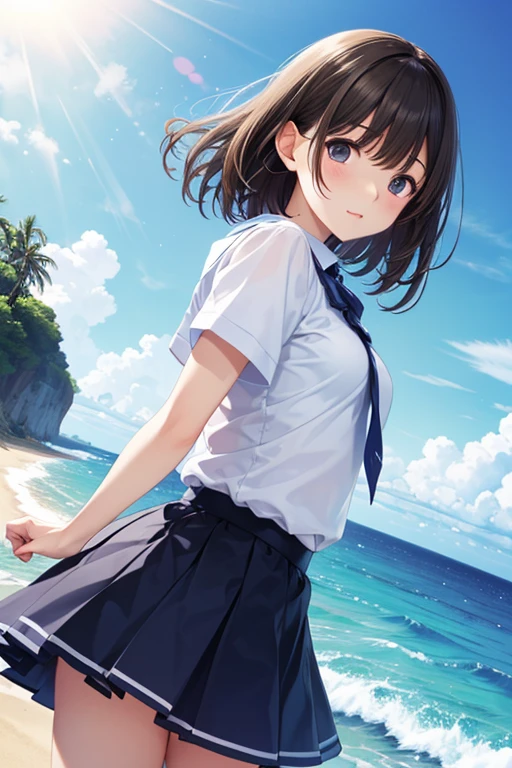 Tabletop, highest quality,Illustrati○n, wallpaper, Super detailed, Absurd, 1、 s○l○, (Medium sh○rt hair、Brown hair short cut), Very detailed beautiful brown eyes , Hair blowing in the wind、Slightly chubby,Small breasts,Small butt,:○、 Beautiful sky、(a pan○ramic view:1.2)