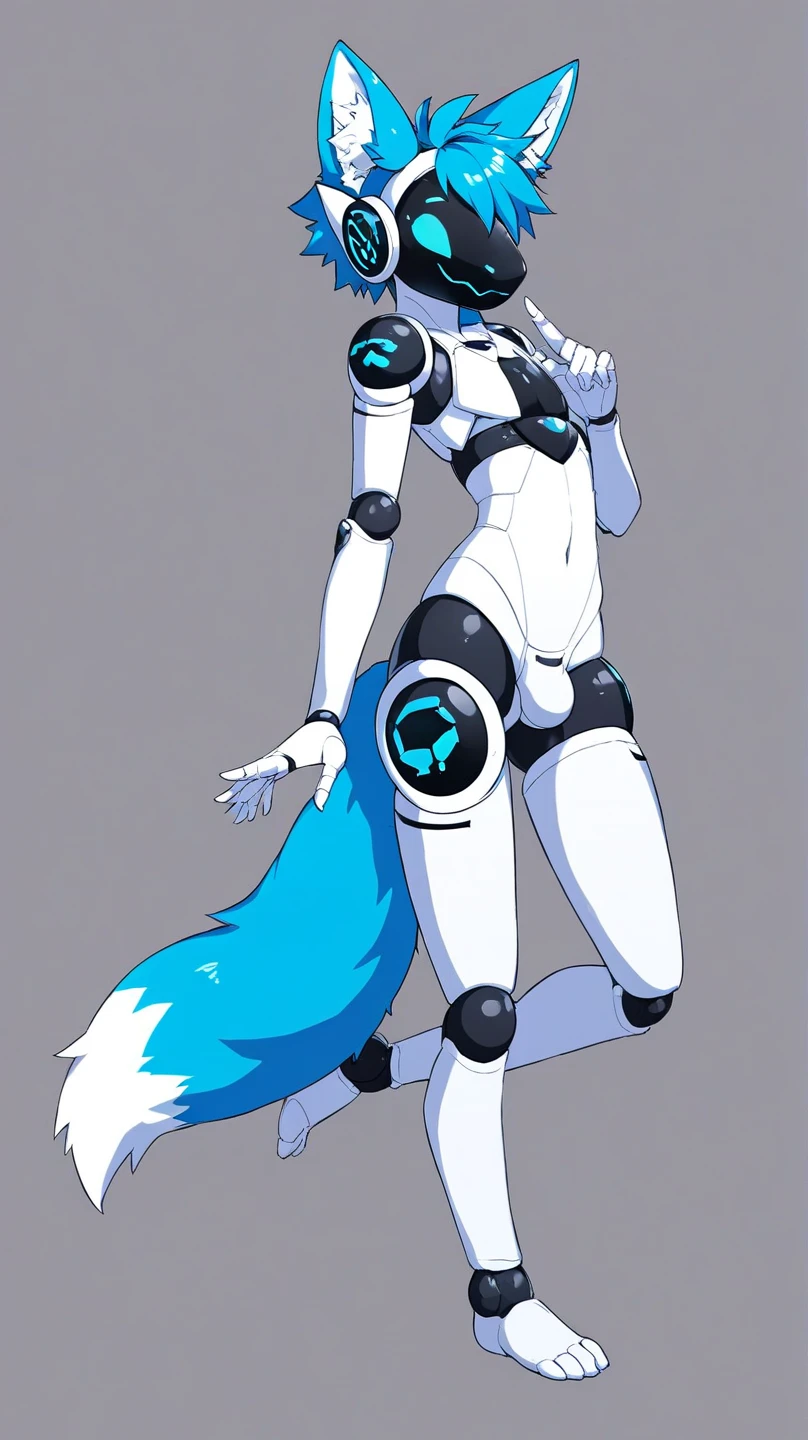 Score_9, score_8_up, score_7_up, masterpiece, best quality, 1girl, solo, an Anthro furry blue fox girl, fox snout, black nose, IncrsXLRanni, wavy hair, cracked skin, colored skin, blue fur, extra arms, four arms, doll joints, naked, in a simple white bedroom, simple background, smiling, rear view, standing, majestic pose, 