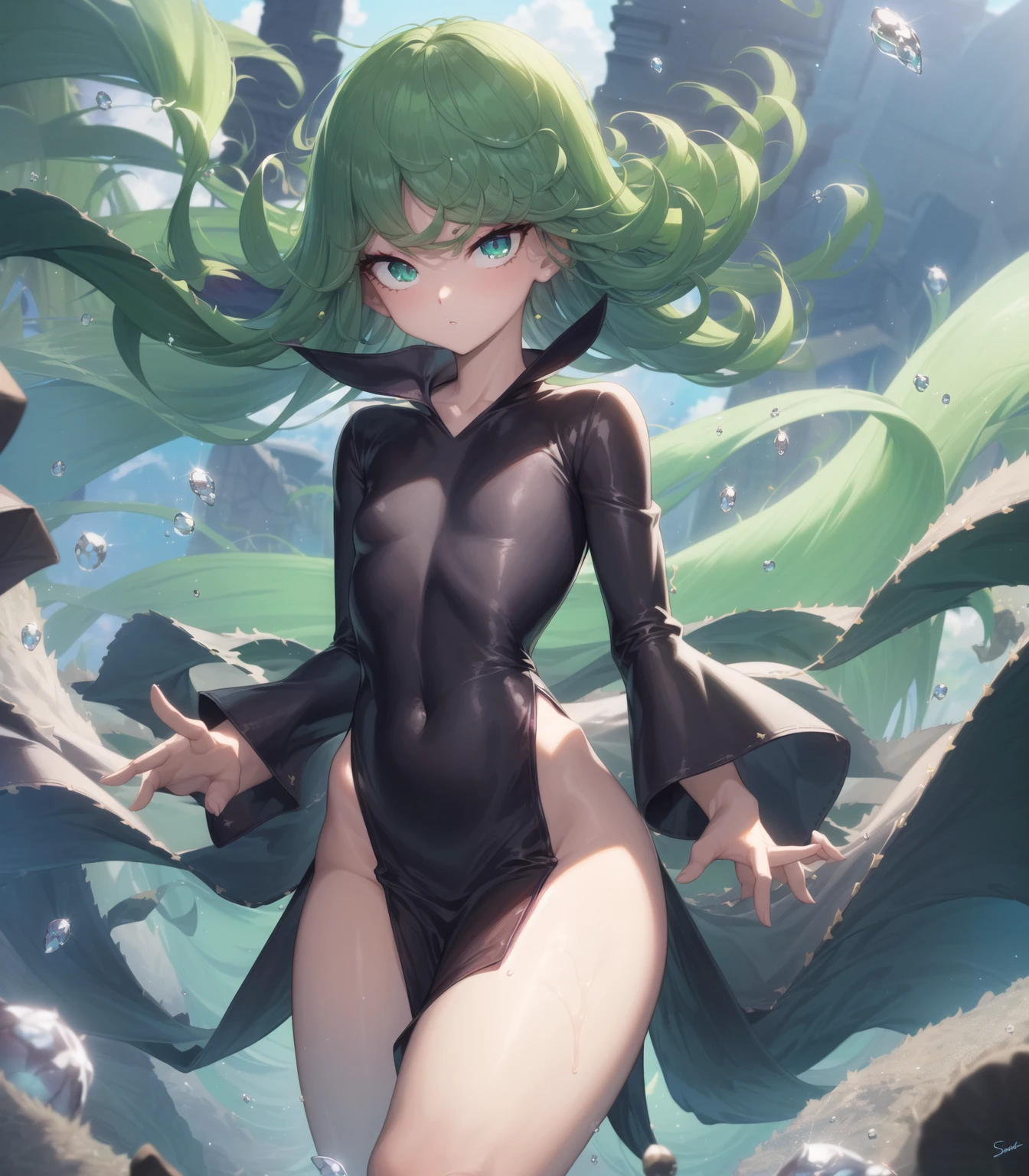 closeup of statue of a beautiful goddess, sculpture made of emerald gem, long hair and glowing green eyes, (naked), topless, black background, mysical atmosphere, dark fantasy