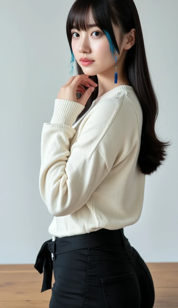 small details, High resolution, high quality、Perfect dynamic composition, beautiful and delicate eyes, medium hair, 、natural color lips,Jobu Riku Cuckoo、20 year old girl、1 person、transparent skin、shining hair、on the table, 最high quality, figure, Super detailed, small details, High resolution, 8k、correct state of the human body、please strike a cute pose,ponytail,,perfect beautiful face,KPOP idol face,There is a feeling of ecstasy on the face,light gray knit dress,background blur,Randomly dressed as a female model&#39;fashion magazine