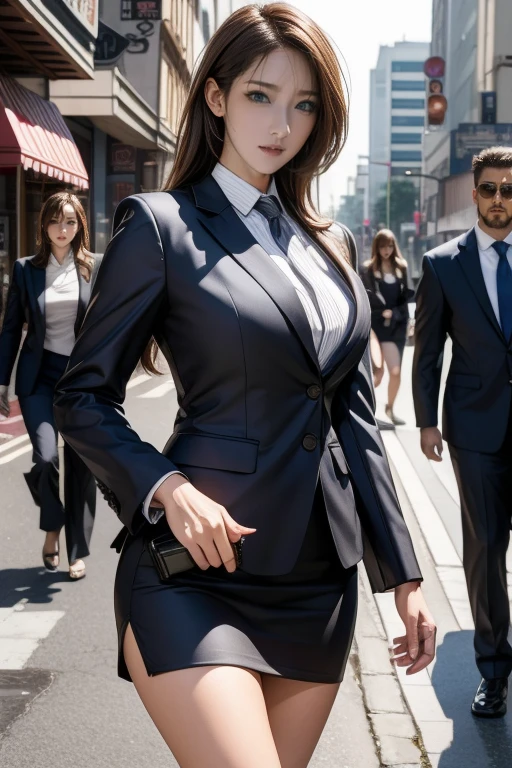masterpiece,best quality,photorealistic,8K,RAW photo,ultra highres,extremely detailed,absurdres,Professional,wallpaper,extremely detailed eyes and face,1girl,open shirt,business suit,miniskirt,walking,looking at viewer,night street,censored,sexually suggestive,euphemism,slender,skinny,charming gaze, <lora:more_details:0.3>, <lora:darenogare_akemi:0.8>