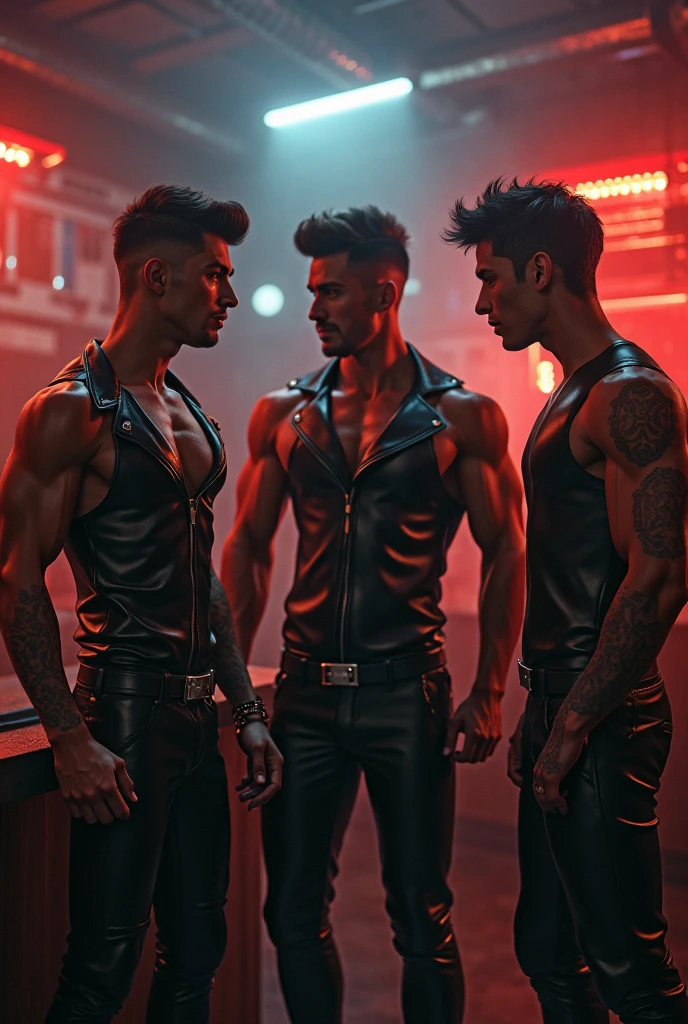 Young white man with black straight hair, wearing red dress shirt, black pants, shoes black, kissing a mature white man, gray hair with bangs, wearing black leather jacket, calça jeans preta destroyed, military boots, in a bar with neon lights and a neon cross nailed to the back wall, realisitic, realisitic 