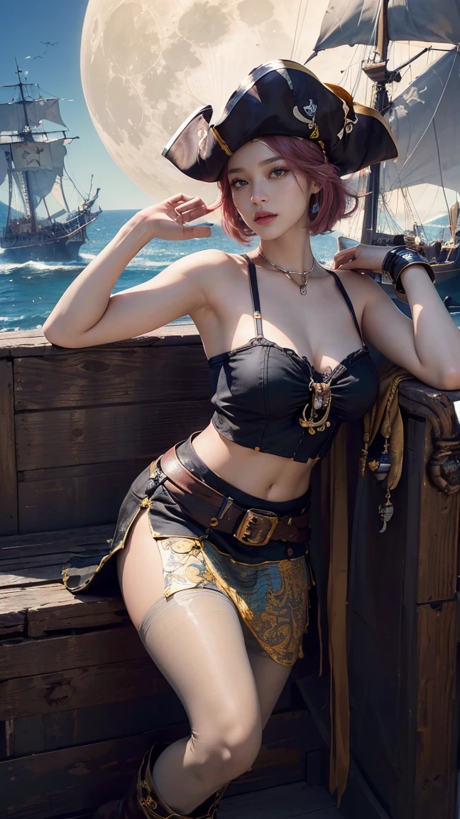 Unbeatable masterpiece, Ultra photo realsisim, Perfect artwork, Intricate details, Best quality, Strong light,High contrast,Best quality , Masterpiece , illustration ,Ultra-detailed , Beautiful detailed eyes ,(1girll , Slim girl figure) , at pirate ship, On deck, Science fiction , Suspenseful slim figure , Lean muscles , European pirate style , Tattered black European captain's cap, One-eyed , Messy light grass green hair ,Blue eyes , Another eye patch , Ragged lace white halterneck bra , Summer dress black super shorts , [Large gold belt | sword sheath] , [Black tattered socks gold pattern decoration] , Black leather boots , There is a tattered black pirate flag on the back , golden decorations , Walk the golden fence , Deck coins | barrel , full bodyesbian , Perfect hand