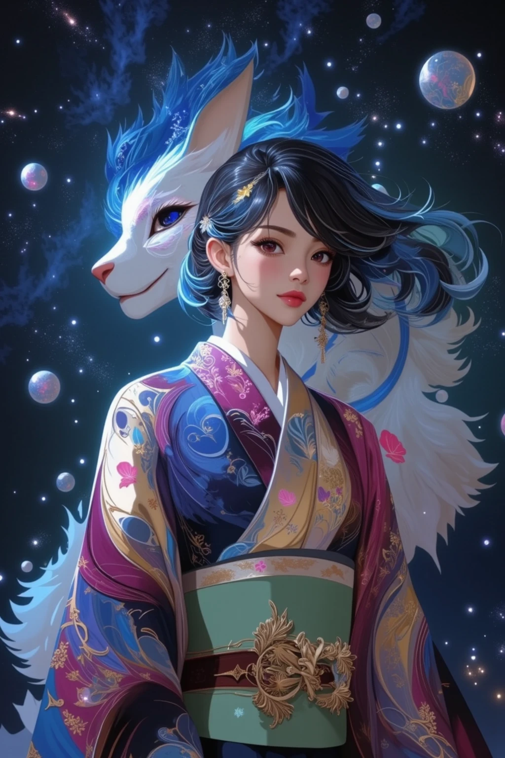 A young woman wears a bright kimono々 looking at viewers with an arrogant expression , The intricate pattern resembles flowing feathers, What is behind her is a beautiful creature that is spiritual and fantastic、iridescent fur swirling through the starry night sky radiates.Her long hair is styled gracefully, creates an aura of magical realism.Some spherical objects float around the creature, Planets contribute to the celestial theme.The woman's posture is so beautiful that it gives elegance and serenity to the scene.Artwork blends visual fantasy with traditional design elements, evokes a dreamy atmosphere.