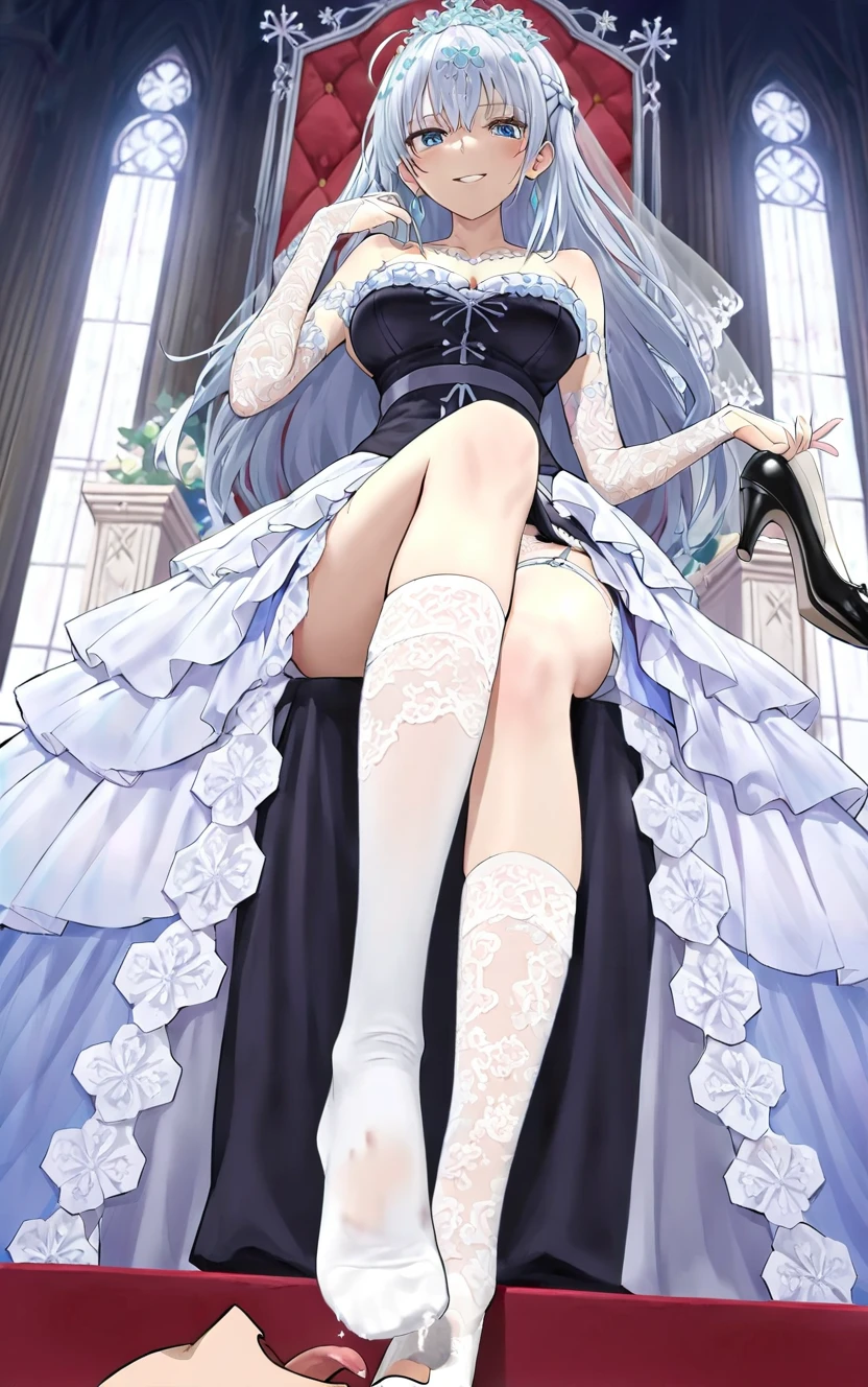 ((masterpiece)), (((best quality))), ((ultra-detailed)), ((illustration)), ((disheveled hair)), ((frills)), (1 girl), (solo),1girl,alternative costume, blonde hair, blue eyes, blue flower, blue rose, blush, bouquet, breasts, bridal veil, bug, butterfly, choker, cleavage, clothing, crown, dress, female, flower, frilled dress, frills, frown, full body, gloves, headdress, headwear, insect, jewelry, large breasts, legwear, long hair, necklace, petals, pink legwear, rose, solo, strappy heels, thighhighs, tiara, torn clothes, torn dress, torn legwear, torn thighhighs, veil, wedding dress, white dress, white gloves, wince,