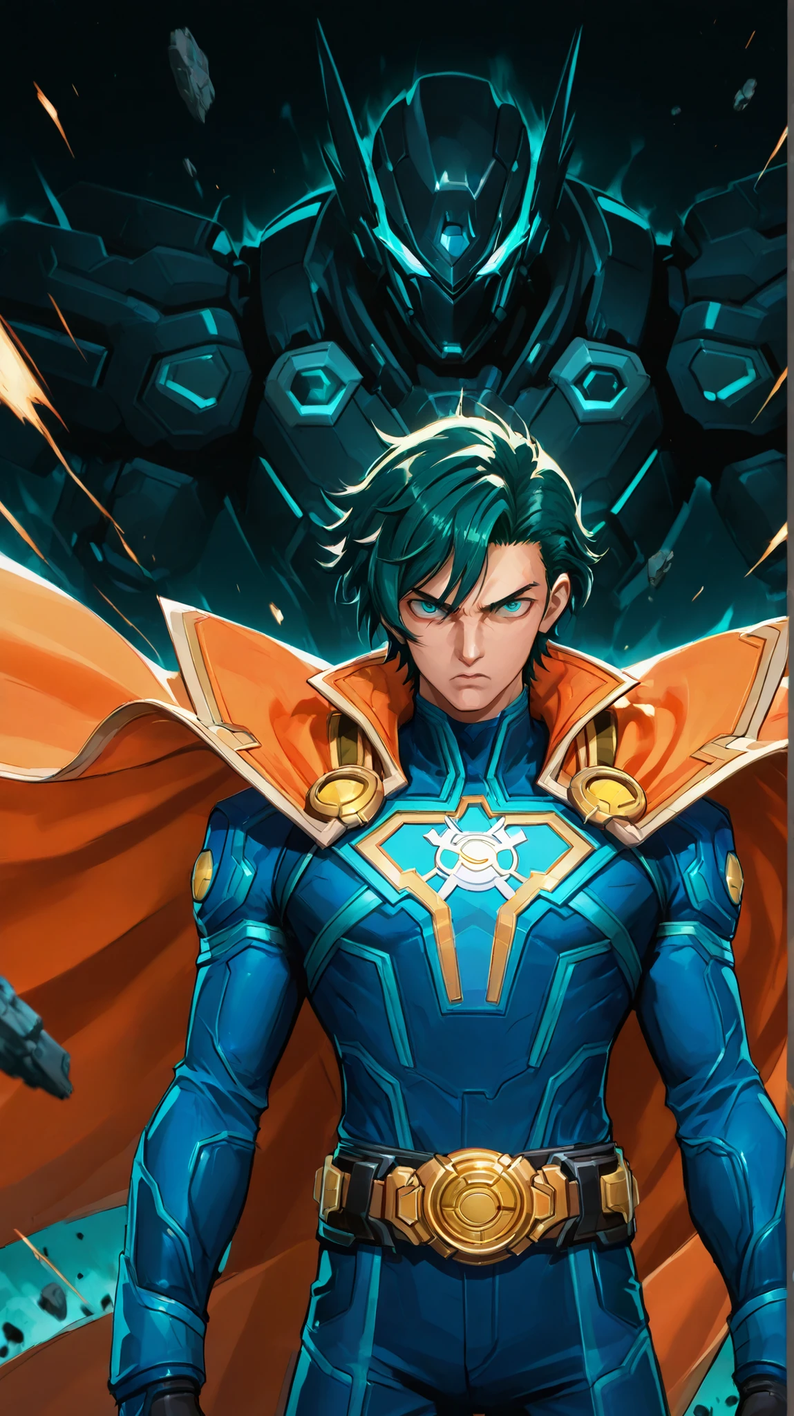 A powerful male superhero with average cyan eyes and long, wild green hair with a poker face expression. He wears a sleek, form-fitting simple blue suit with a bold white letter 'S' emblem on the chest, a wide black belt with a golden buckle, and a flowing orange cape. The background is filled with dynamic lighting, floating debris, and a bright, explosive atmosphere. The scene is highly detailed, anime-style, with cinematic lighting, dramatic shadows, and intense energy. --v 5 --ar 2:3 --style anime --q 2 --hd