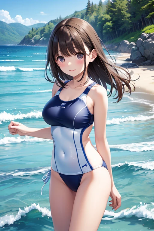 A girl around 10 years old is smiling and wearing a straw hat.。Wearing a competitive swimsuit。Walking along a country road。High resolution and high image quality。(one-piece swimsuit:1.8)
