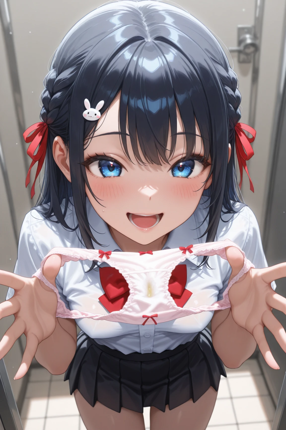 front view,1girl,Beautiful girl at 13 years old,Japanese,Slender,small breasts,Baby Face,Small face,Black Hair,Row Twin Tails,Gray Eyes,Drooping eyes,middle School girls,Sheer black and pink negligee,lingerie,open mouth,tongue out,front face,kneel,Hands Behind Back,Put your chin forward,Beautiful and detailed anime art,Mischievous smile,front view,high angle, looking at viewer, looking ahead, from above,face focus,Sexy vibe,cum on tongue,Dimly lit room,Beautiful room,On the bed,blurry background