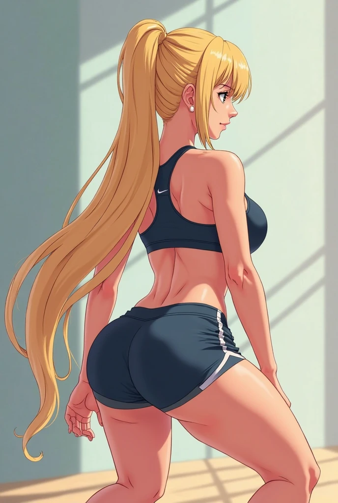 Very detailed、Highest quality、Best image quality、masterpiece、8K pixels、Anime Face、A kind smile、Open Mouth、Blonde curly hair、(((Rear View)))、Cowboy Shot、Wear a thong、(Big eyes)、(Beautiful and shining eyes)、(Detailed anime eyes)、(Puffy eyes)、
