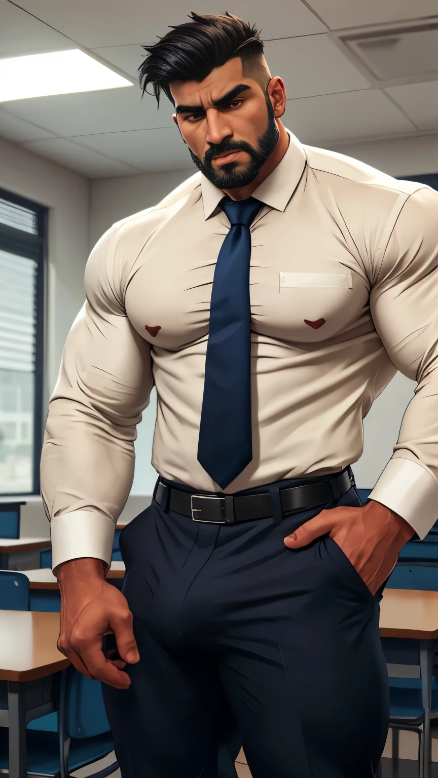 18 years old indian school boy with small beard mascular dark skin jaat with spiky hairstyle in , head to thighs, indian school boy, beautiful eyes, large lips, volumeric light, wearing opened navy trouser, navy tie, huge bulge, muscular chest, long legs, left neck look, Wide shoulders, nice detailed hands, standing in school classroom wirh spread legs background, sunny day, daylight, His perfect( big huge penis) is (coming out) of his pant,masterpieces