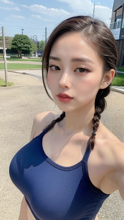 ((Highest quality, 8K, masterpiece :1.3)), One girl, Beautiful woman with slim abdominal muscles :1.3, (Random Hairstyles :1.2), Oversized tank top :1.2, Highly detailed face, Fine grain, double eyelid, Underarm