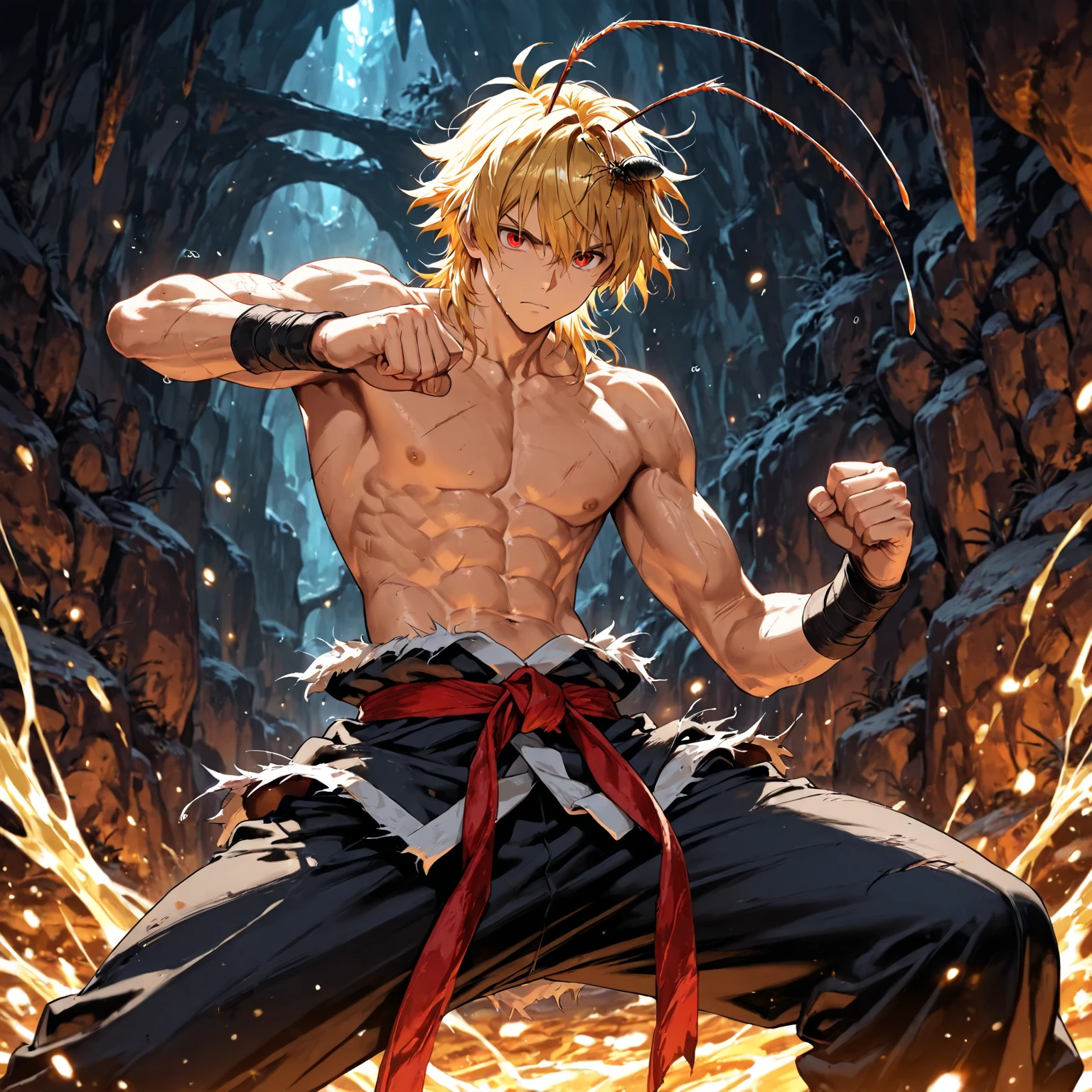 one boy,cool boy, young boy,male body,macho, blond hair,blue eyes, red jockstrap,topless, sweat steam, embarrassed,blush,parted lips, kneeling,arms behind head, full body, bondage,bdsm, collar,rope,chain, crowed stage,stage.Exposed , curved (erect, leaking), white