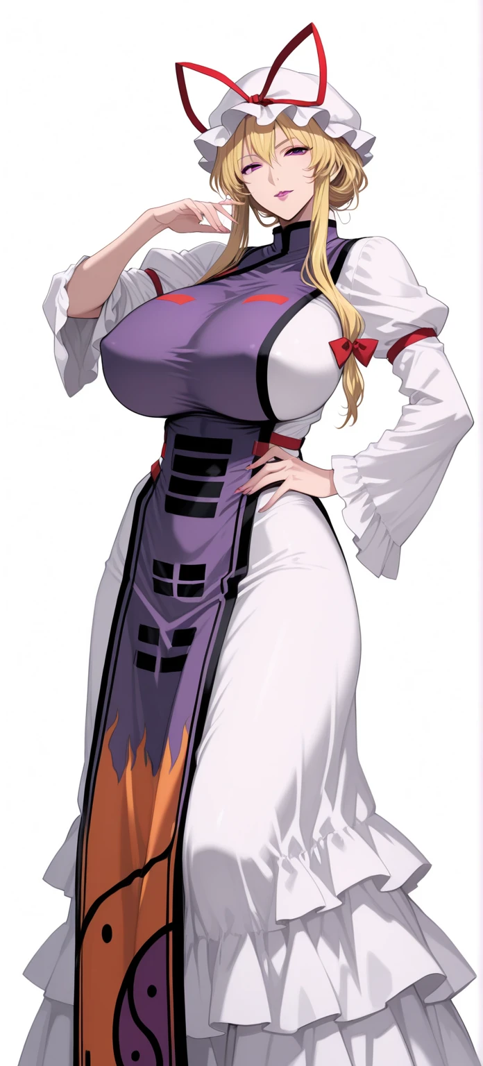Appearance:
Race: Female Dark Elf
Skin: Dark
Eyes: Blindfolded
Expression: Smiling
Mouth: Closed
Body Type: Maternal
Chest: Large, covered with clothing
Pose:
Standing by a wooden pole, looking down at the viewer
