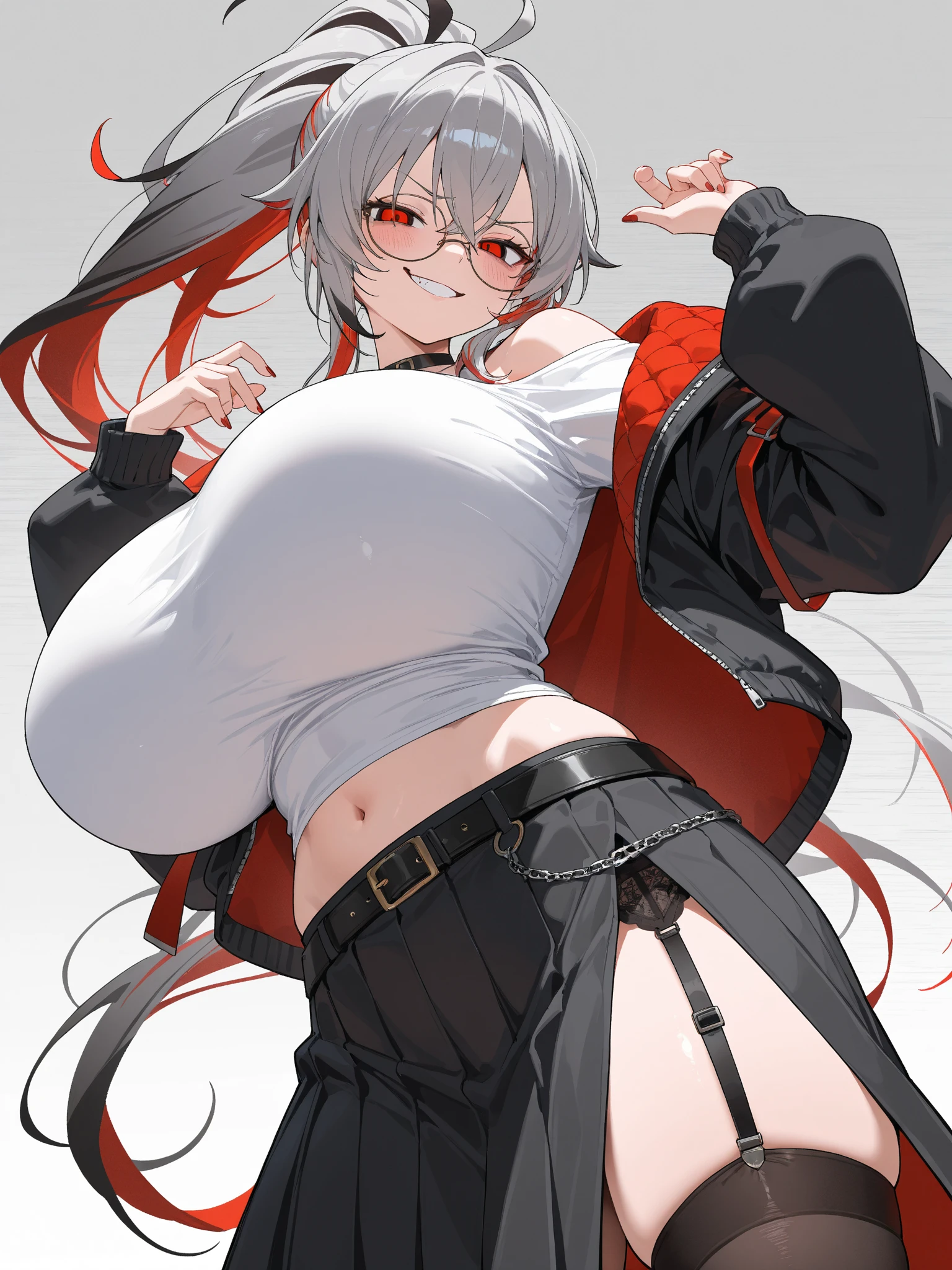 W(Arknights),grey hair,antenna(red),insect ears,curvy body,big breast,big thighs,wears oversized black jacket,grey shirt,no pants,arms in pocket,smoking cigars,midnight setting,manga art style, nsfw.