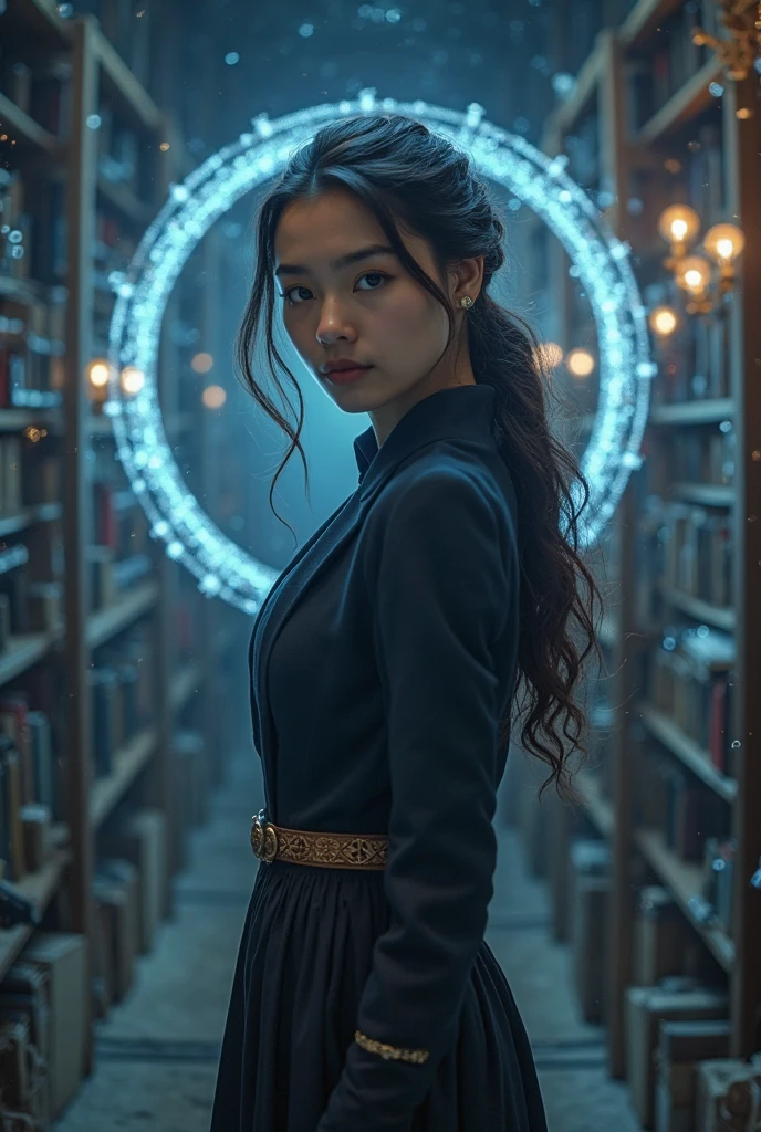 Topic: Movie Poster, focuses on an extraordinary heroine.
as the main character:  a young girl (about 22-28 years old) possesses astute beauty, smart and charming. delicate face, steady gaze, wisdom and a bit of mystery. The hair can be styled nicely, or natural detachment but still exudes elegance. It exudes a 'radical' vibe — confidence, assertive, is not easy to subdue, but not the arrogance but the inner autonomy.
halo & education: A subtle halo, can be a soft golden glow, silver white or light blue, radiates from around her, emphasizes the particularity separation and transcendent intellect. The background may suggest about her erudite education: huge antique bookshelves, complex astronomical charts, lines of code or mathematical formulas float in the form of a black holographic, or a modern laboratory with high-tech equipment.
 outfit :  outfit  thanh lịch, now grand and uniquely accented, who exhibits strong personality and exquisite taste. Could be a stylized suit, a power evening dress, or a snug high-tech outfit.
posture  & expression: upright gait, tự tin, can have a hand against the hip, with the other hand holding an object that symbolizes knowledge or power (For example: a light glowing antique book, a sphere of energy, a technological device). Her eyes look straight at the viewer or look up slightly with reflection, challenging.  light smile , mystery and confidence.
 General context : The space with depth, that combines classic and futuristic elements, that feels both familiar and fanciful. cinema light (cinematic lighting) projected from one side or from behind the back to highlight the halo and contours of the character.
Colours &  Air: The dominant tone could be dark blue, Charcoal purple, contrast with the bright light from the aura and technological details.  Air vừa bí ẩn,  moderately strong , both intellectual and attractive.