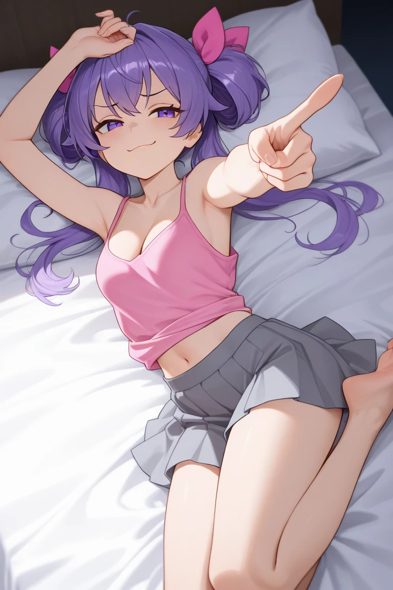 {{{NSFW}}},(masterpiece:1.2),(ultra quality:1.2),(ultra detailed:1.2),(ultra-high resolution:1.2),(very fine 8K CG wallpaper:1.2),Mejiro McQueen \(umamusume\),{1 girl,beautiful girl,cute,smile,kawaii, lovely,blushing,playful expression},sharp focus,oily skin,beautiful detailed hair,glossy hair,(wear school uniform:1.5),(lying on the bed:1.2),wear long school skirt,perfect two legs,(spread two legs:1.2),(show-off-white-:1.3),five fingers,large breaths,wear black pantyhoautiful detailed eyes,jewel like eyes,violet eyes, (two hands behind head:1.1),open mouth,armpits, solo,beautiful navel,  looking at viewer,collarbone,earring