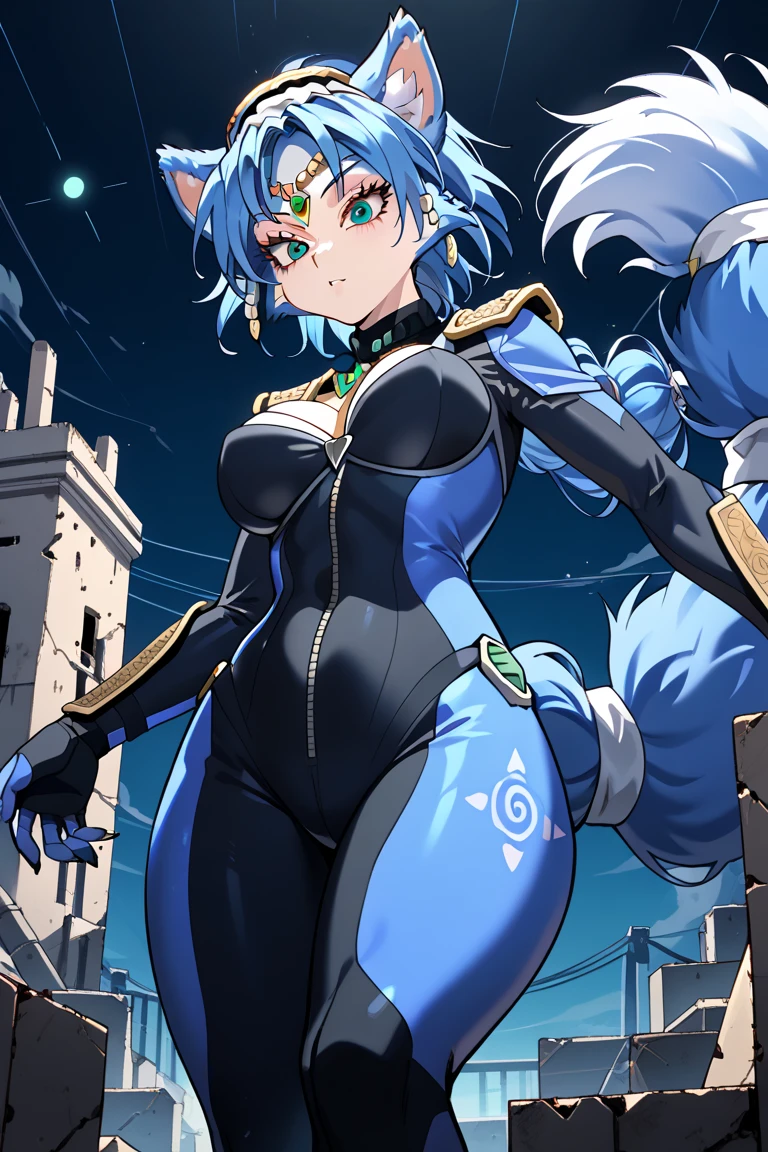 (obra maestra: 1.3), (mejor calidad: 1.2), (2D: 1.0), (anime: 1.0), (illustration: 1.0), (clear: 1.2), (midnight_environment), (club nocturno), (claro, brillante: 0.8), (empaste: 1.1), (ultra detallado: 1.0) (1boy, solo), (fox_girl, anthro furry: 1.6), (anthro_female_fox: 1.2), tetas grandes, gran pelaje, esponjoso, pelaje esponjoso negro y azul detallado, luces neon, neon, cuerpo sexy, traje completo de tela fina, tela fina, cubre bocas