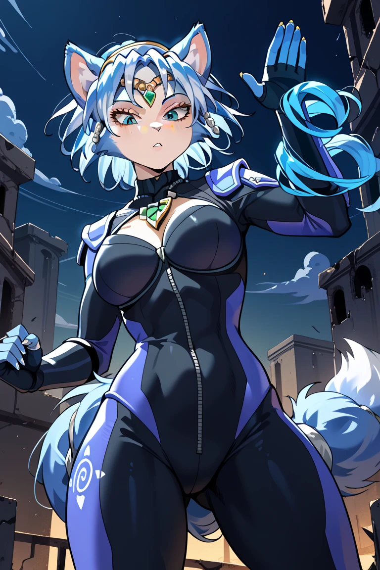 (extremely detailed CG unity 4k wallpaper),(masterpiece),(best quality),(ultra-detailed),(best illustration),(best shadow),(absurdres),(detailed background) Killer frost, Snow, City, Night, smirk, full body shot, hands on hips,