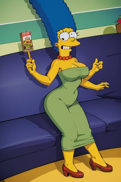 marge simpson, blue hair, red necklace, extra large breasts, cleavage, colored skin, yellow skin, green short low-cut dress, angry, open-toe platform high heels, visible feet, thick butt