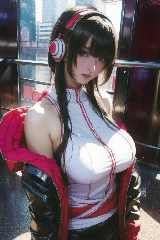 (RAW photo, best quality, masterpiece:1.2), (realistic, photo-realistic:1.4),(masterpiece:1.4),(best quality:1.4),1girl, solo, :d, cat ear headphones, arms up, bangs, blush, bodysuit, breasts, bunny pose, clothes writing, cowboy shot, cropped jacket, gloves, (((cyberpunk city streets background))), hair intakes, headphones, tech bodysuit, impossible clothes, tech jacket, large breasts, latex, latex bodysuit, long hair, long sleeves, looking at viewer, large breasts, open mouth, pink bodysuit, pink eyes, red jacket, shiny clothes, shrug \(clothing\), sidelocks, skin tight, smile, (laughing), (((thigh gap))), thighs, twintails, very long hair, white gloves, white hair,alice \(nikke\),(shiny skin),realistic.