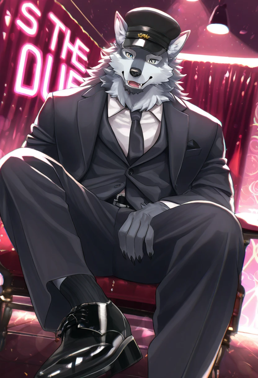 pose sexy, 1 men, 30 years old, cute, eyeliner, Olhos do quarto, smile biting the lips, ice cream man outfit , wolves ears, wolves, lounge background, 8k, hope but, (best qualityer, work of art), (wolves tail:1.5), skin detailed, standing alone, usando uma ice cream man outfit , Eyes red. dynamic angle, ultra detali, lying on the sofa, hair color: gris, five fingers on the hand and black claws.