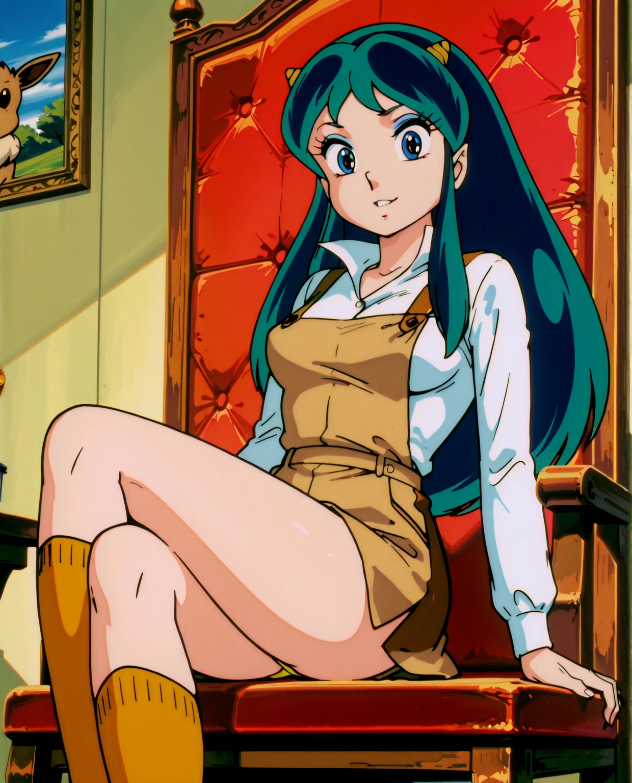 (nsfw,masterpiece, best illustration),solo, long hairs, blue eyes, green hairs, horns, <lora:EdobUruseiYatsura1981_v4.0:0.75>, seductive smile, 1girl, sitting on armchair, chinese armchair, room, full body image,red chinese dress, elegant shoes, high heels, panties, upskirt,from below, shoes focus