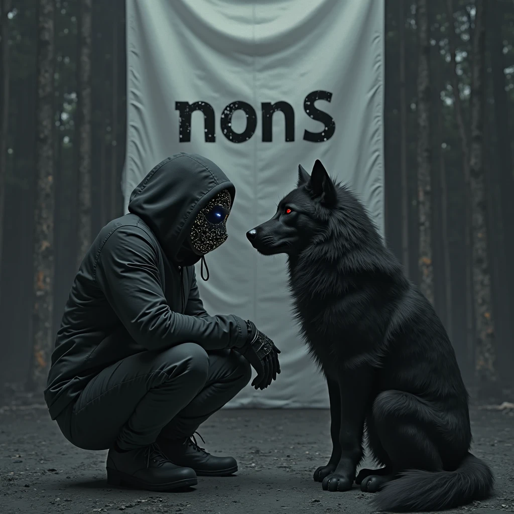 Blonde girl wearing a Tshirt with "SP" print in the icy forest next to a big brown wolf.