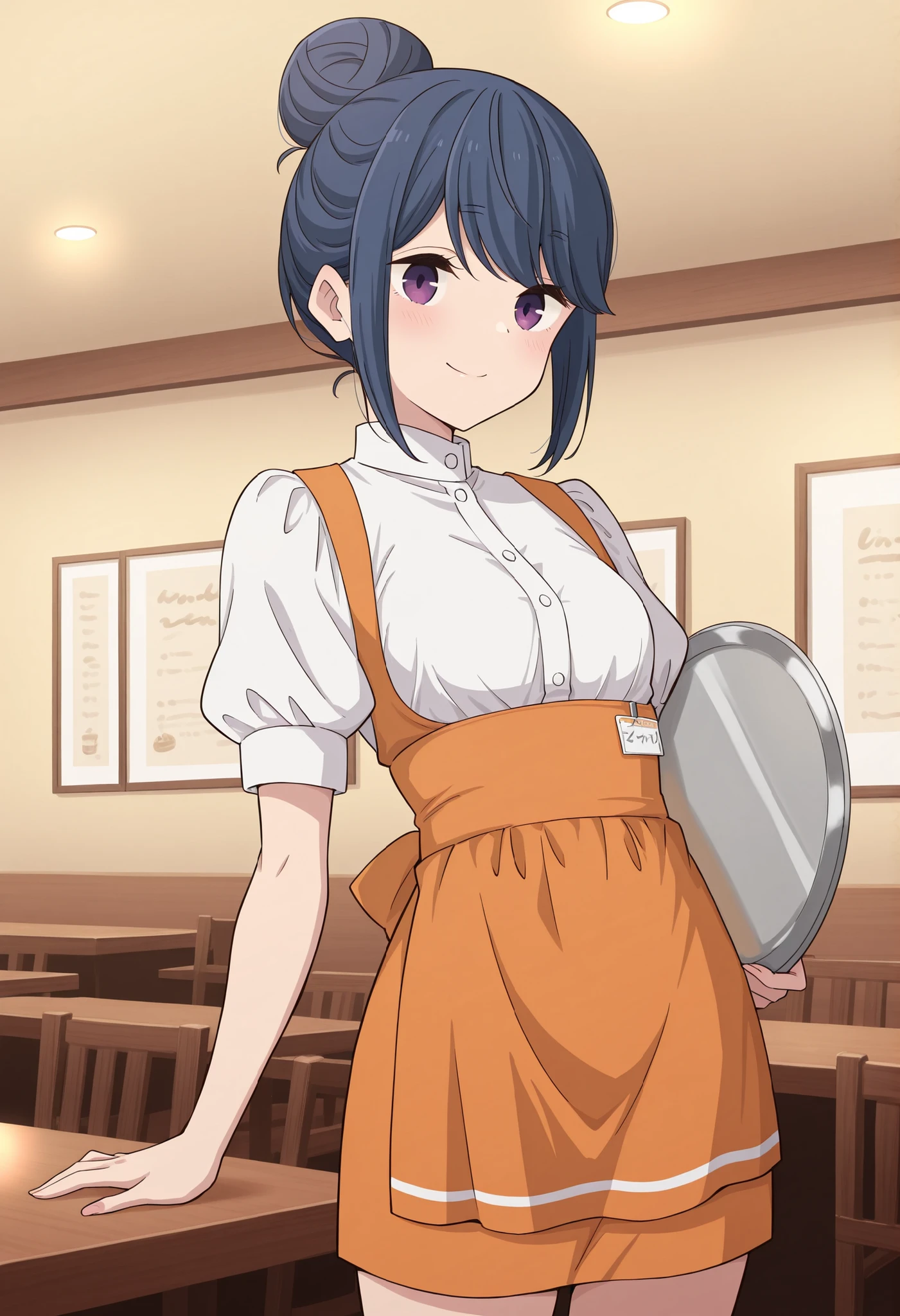 Score_9, score_8_up, score_7_up, source_anime, rin shima, solo, single hairbun, sidelocks, dark blue hair, purple eyes, small breasts, (best quality), (high quality), {masterpiece}, extremely delicate and beautiful, ultra-detailed, beautiful detailed eyes, anna miller, waitress, white shirt, short sleeves, puffy sleeves, orange suspender skirt, high-waist skirt, waist orange apron, name tag, restaurant, indoor, holding silver tray, smile, closed mouth, standing