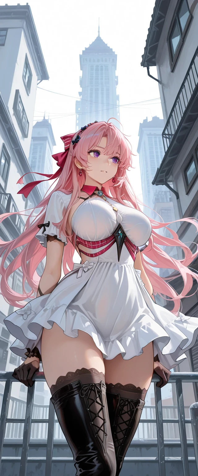 , Crotchless pantyhose, 1 plump girl, mediuml breasts, Alone, how to, pink hair color hair, Pink Long Hair, Very long hair, inner strength, Huge cleavage, Black dress, Cum in the pussy, maid headdress, ((White panty hose)), looking at viewert, Decorative style, Green-eyed, face flushed, skirt lift, Take a step back, How to drip, catss, lie, frilly suffocation,Lower bust, Lop, hair between eye, After sexual , simple backgound, maid, , white backgrounid, pleatedskirt, mini-skirts, Clothes lift, through bangs, Self-elevating, cropped shoulders, Split sleeves, armlets, ahoge, french braid