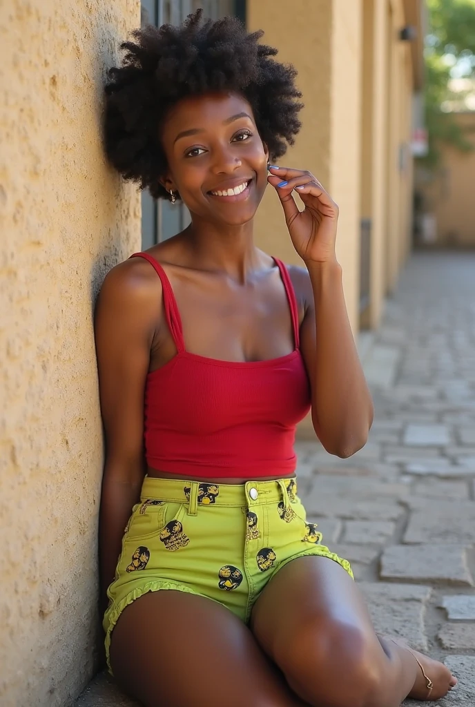 One thirteen years old androgynous girl, black , copper skin, black short curly hair, (curly hair), pixie cut, shaved hair on the sides, colored highlights, blue highlights, green highlights, red highlights, purple highlights, one young girl (cute), freckles, dark green eyes, cute pose, excited pose, dynamic pose, fun pose, smiling, in love, sitted cris-cross on a counch arm, sitting wrong, emo outfit, emo makeup, black outfit, chocker necklace, emo boy,