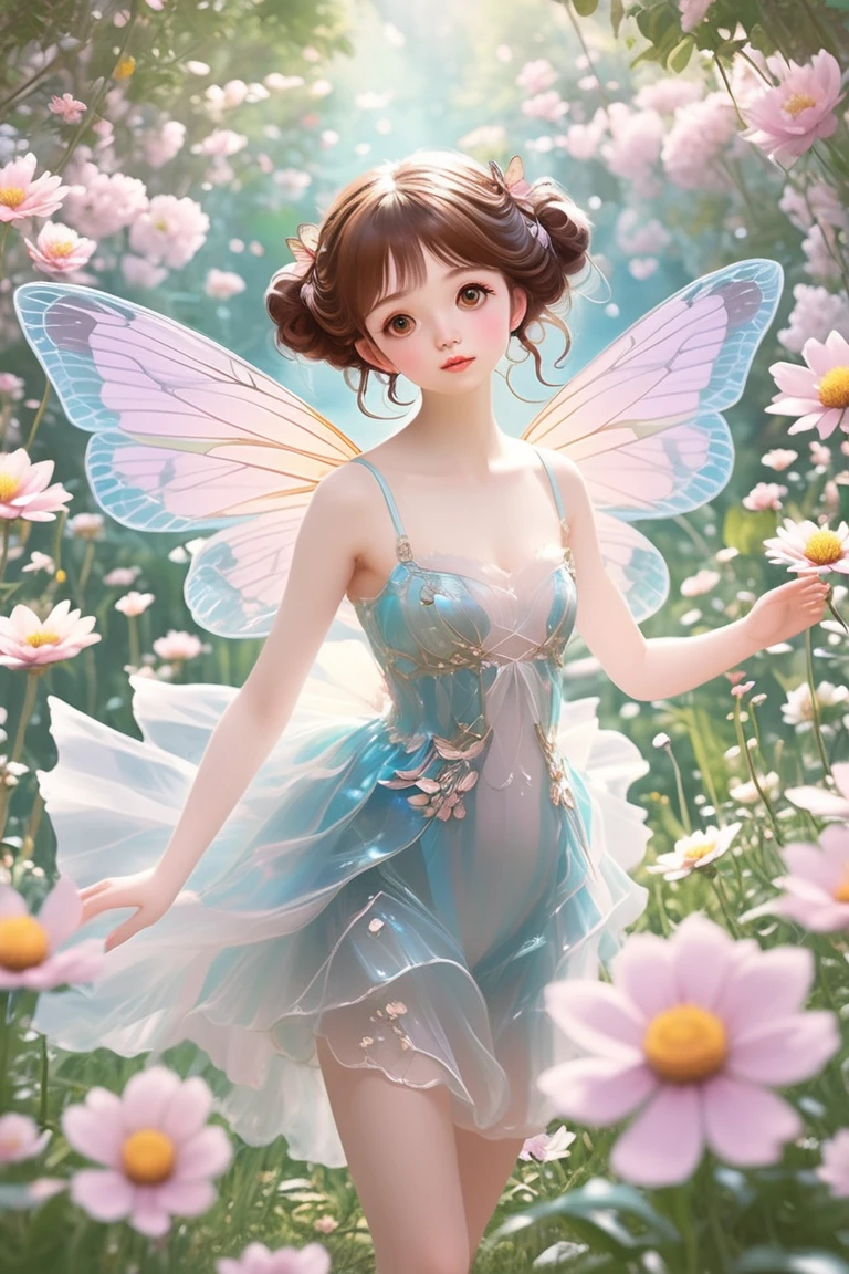 (((A girl)),Colorful transparent wings,(((In the flowers))),(((the Flower Fairy))),Princess dress,Irridescent color,The Arthur effect,, Gradient translucent glass melt, transparent glass texture, Glows in high detail, white backgrounid, industrial design, studio lit, C4D, OC renderer, Clean shadows, 4K