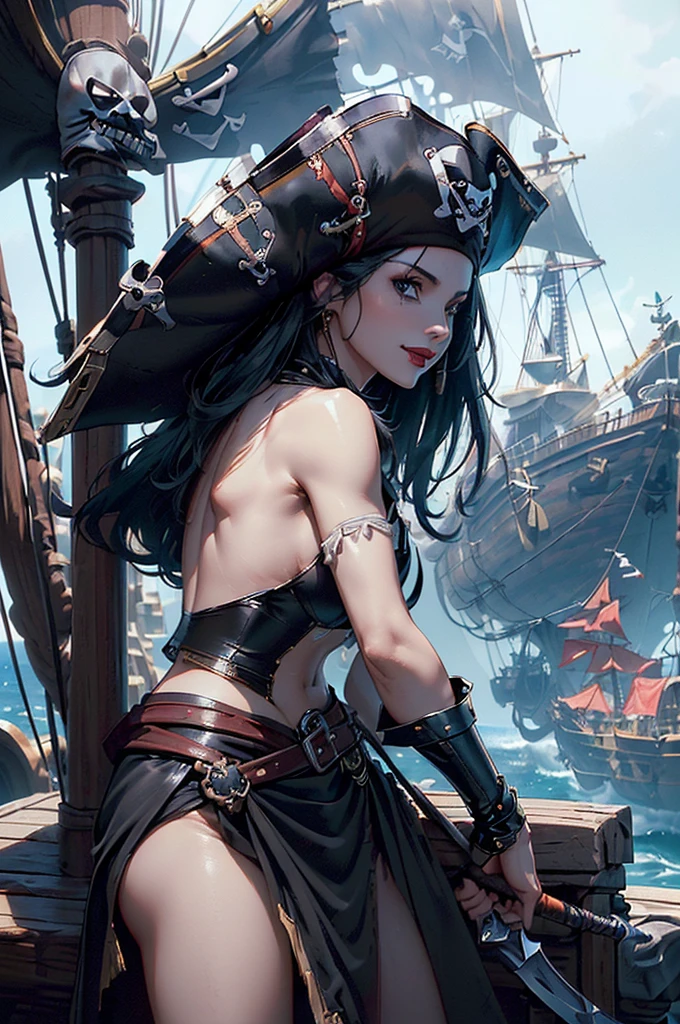 Girl with a Stunning Pirate Ensemble:
In this captivating image, a young girl gleams with radiance as she dons a meticulously crafted pirate outfit. The ensemble, rich in red, black, and white hues, is a testament to the upscale quality of the piece. The girl's pirate hat, a standout accessory, features a sleek black surface adorned with a gleaming golden pirate logo.
Her oriental features add a unique charm to her pirate persona, and her gaze is as captivating as the sea itself, filled with a beautiful smile that sparkles brighter than any jewels. Her hair, a masterpiece in