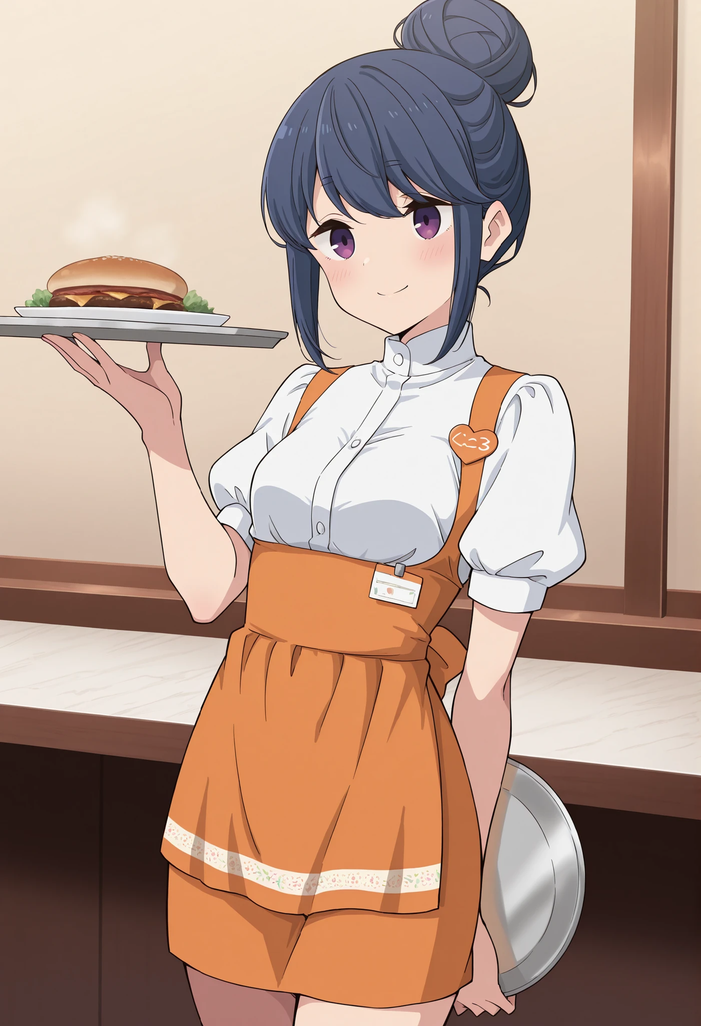 (((Extreme Close-up smile Low - Angle Chef Apron))) ((Rainbow Eyes short hair Receiving the light Rainbow Light Cooking)) (Steak shop restaurant interior)