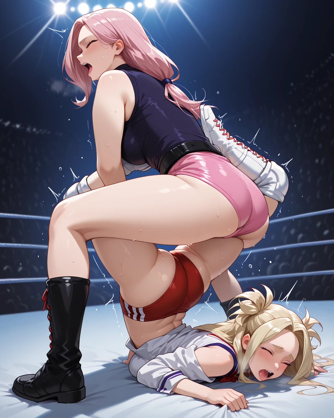 highly detailed 8k, beautiful girl focus, torn erotic costume, trembling, covering crotch, orgasm, attacked by ugly man, public indecency, wrestling ring,