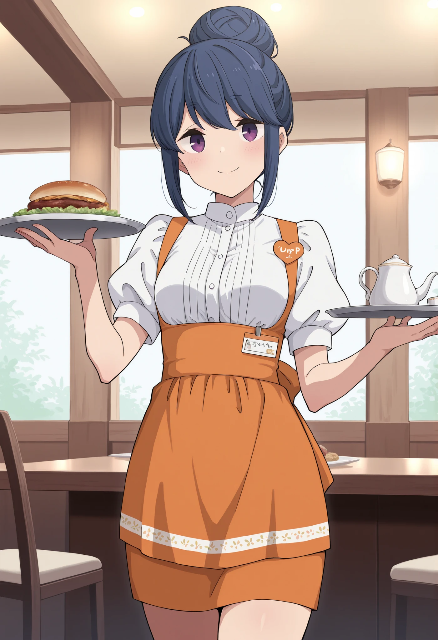 Score_9, score_8_up, score_7_up, source_anime, rin shima, solo, single hairbun, sidelocks, dark blue hair, purple eyes, small breasts, (best quality), (high quality), {masterpiece}, extremely delicate and beautiful, ultra-detailed, beautiful detailed eyes, anna miller, waitress, white shirt, short sleeves, puffy sleeves, orange suspender skirt, high-waist skirt, waist orange apron, name tag, restaurant, indoor, holding silver tray, smile, closed mouth, standing