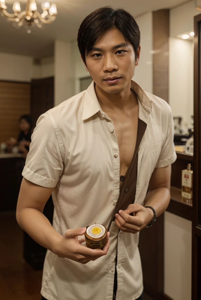 Real photo style、Realistic、Cute handsome man、Idol face、、Japanese、Slim body、Mash Hair、Completely naked、Full nudity、Japanese Restaurant、Store clerk carrying a mug of beer