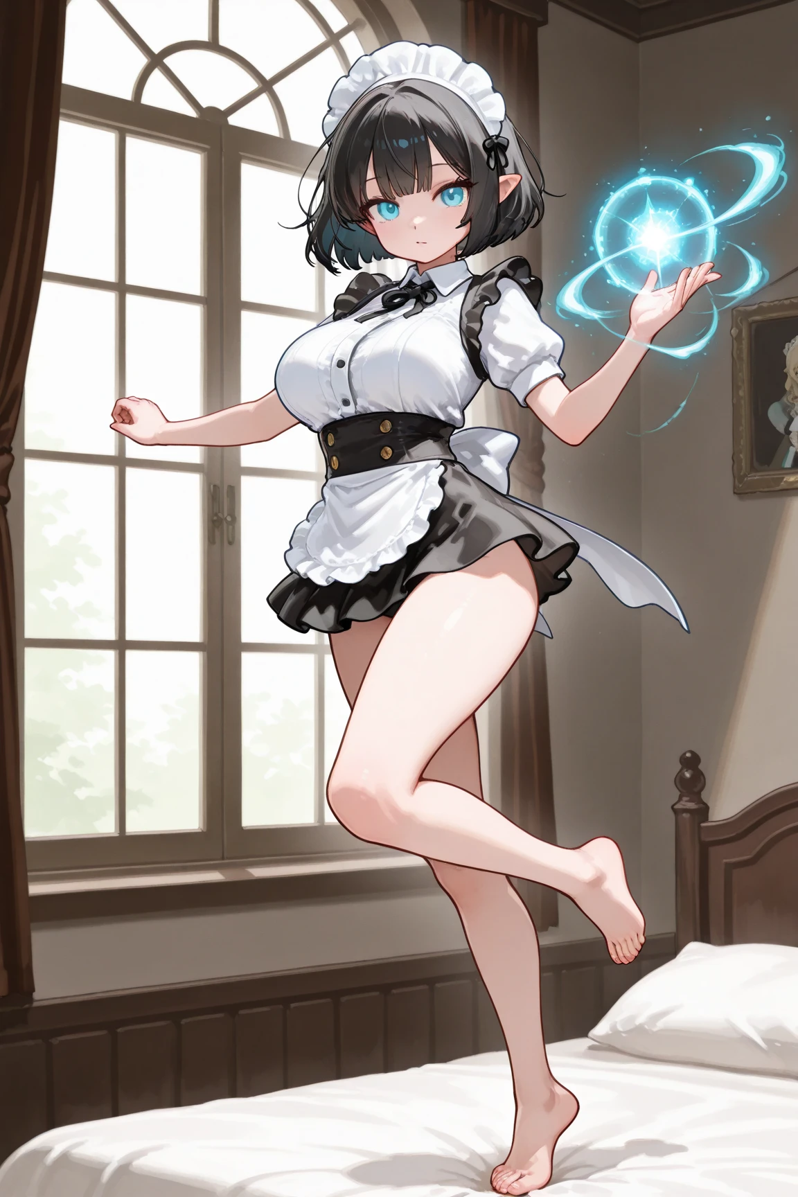 masterpiece, best quality, very aesthetic, absurdres, source anime, anime, super detailed, extreme detailed, general,
1girl, standing, yumi \(weapon\), holding bow \(weapon\), drawing yumi, archery,
BREAK girl, 22yo, short hair, bob cut, (blunt bangs), black hair, (large breasts:0.9),
shiny hair,
slender, small ass, slim legs, white long dress, (see through:1.1), evil smile, office, night, huge picture frame,