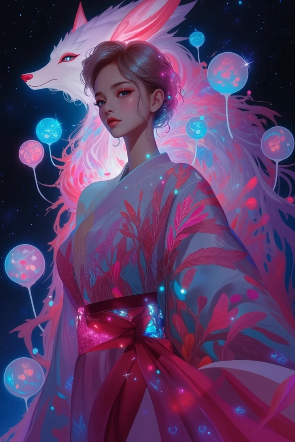 A young woman wears a bright kimono々 looking at viewers with an arrogant expression , The intricate pattern resembles flowing feathers, What is behind her is a beautiful creature that is spiritual and fantastic、iridescent fur swirling through the starry night sky radiates.Her long hair is styled gracefully, creates an aura of magical realism.Some spherical objects float around the creature, Planets contribute to the celestial theme.The woman's posture is so beautiful that it gives elegance and serenity to the scene.Artwork blends visual fantasy with traditional design elements, evokes a dreamy atmosphere.