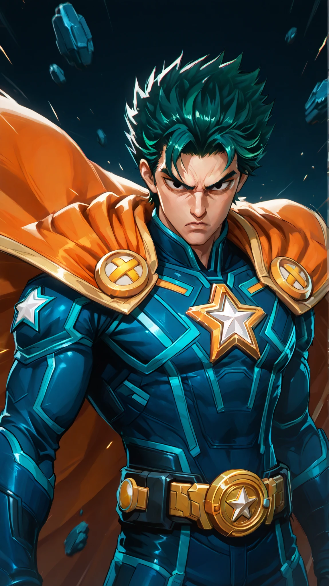 A powerful indian male superhero with average black eyes. long and wild green hair with a average face expression. He wears a sleek, form-fitting simple blue suit with a bold white star emblem on the chest, a wide black belt with a golden buckle, and a flowing orange cape. The background is filled with dynamic lighting, floating debris, and a bright, explosive atmosphere. The scene is highly detailed, anime-style, with cinematic lighting, dramatic shadows, and intense energy. --v 5 --ar 2:3 --style anime --q 2 --hd